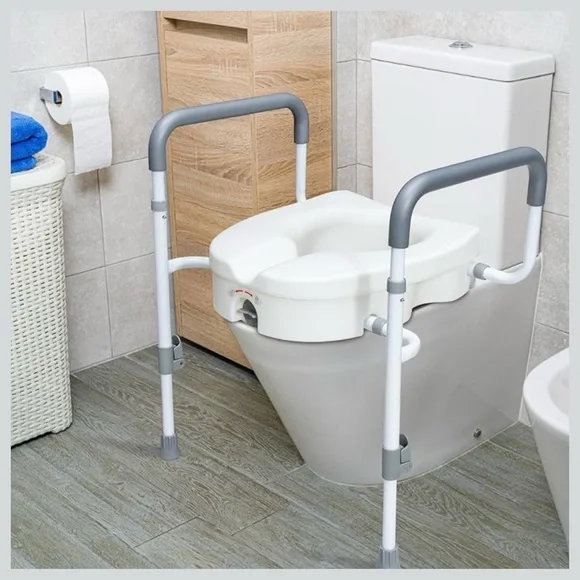 Adjustable White Raised Toilet Seat With Safety Rail - Picture 7 of 9